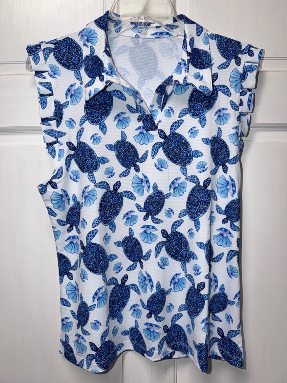 Gottex White Sleeveless Polo Top with Blue Turtle Print